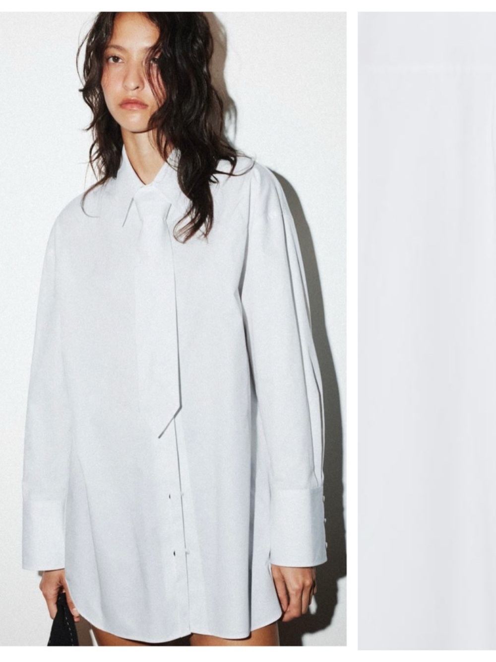NWOT . Zara White White Long-Sleeve Tie-Neck Blouse. Size S.